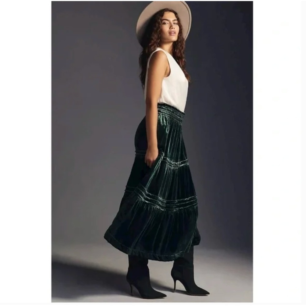 Anthropologie Velvet Tiered Skirt SMALLGreen Whimsigoth Holiday Boho Pockets - Picture 3 of 8